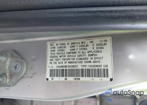 2007 Honda Accord 3.0 Ex from USA, damaged, VIN 1HGCM66867A038257